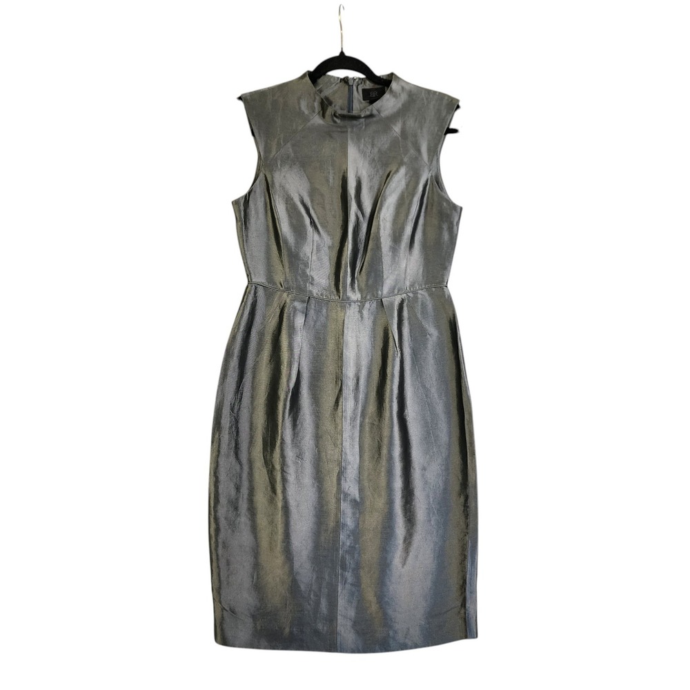 Banana Republic Womens Silk Linen Mock Neck Sheath Dress Size 4 Silver Metallic